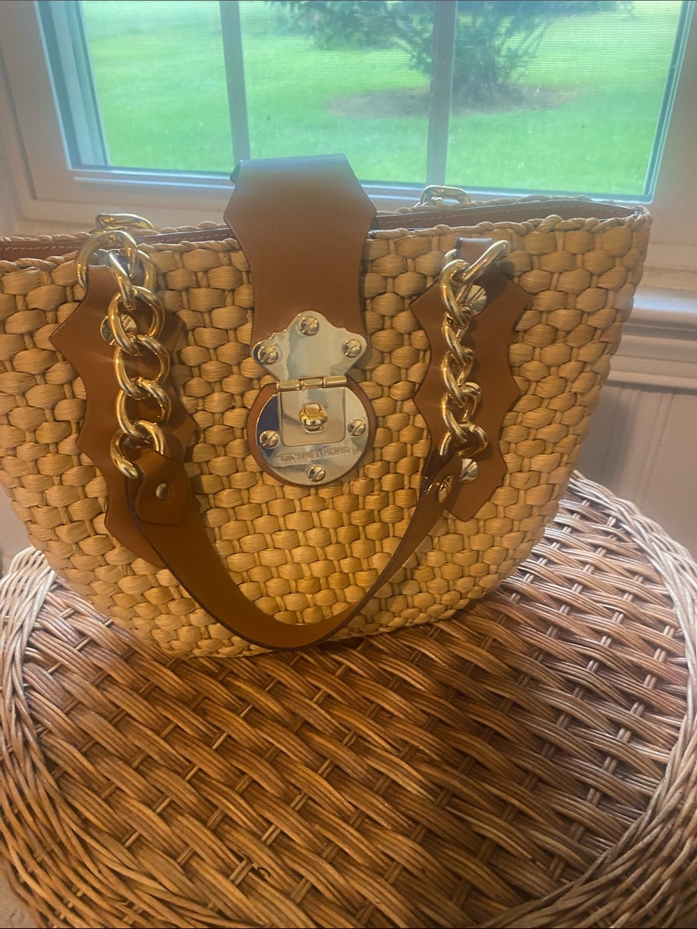 Michael Kors Natural Straw Tote with Tan Leather Trim and Gold Hardware